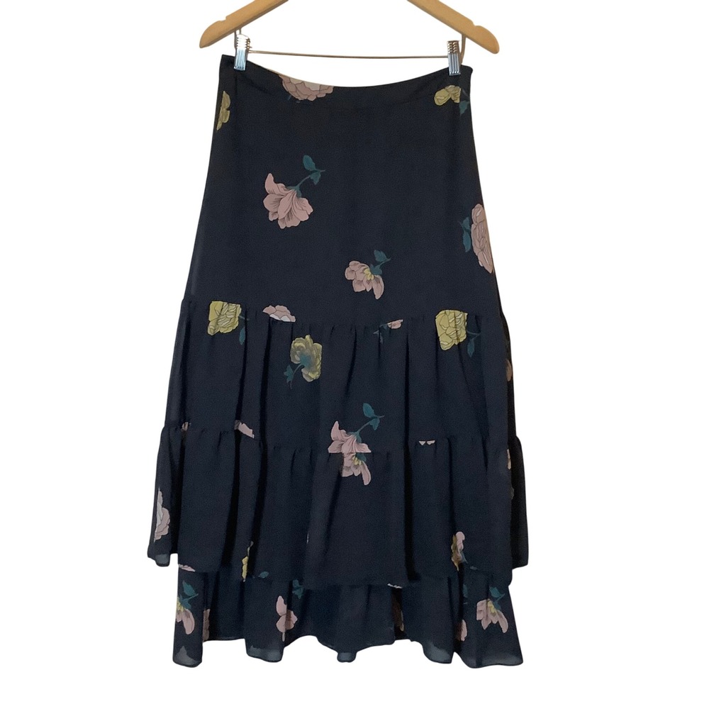 Loft Floral Tiered Midi Skirt Navy Blue Pink Yellow Size 8 Side Zip Chiffon